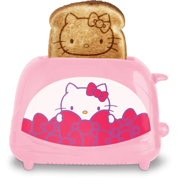 Image of a pink toaster with hello kitty on it with hearts, there is bread sticking out with hello kitty's head on it